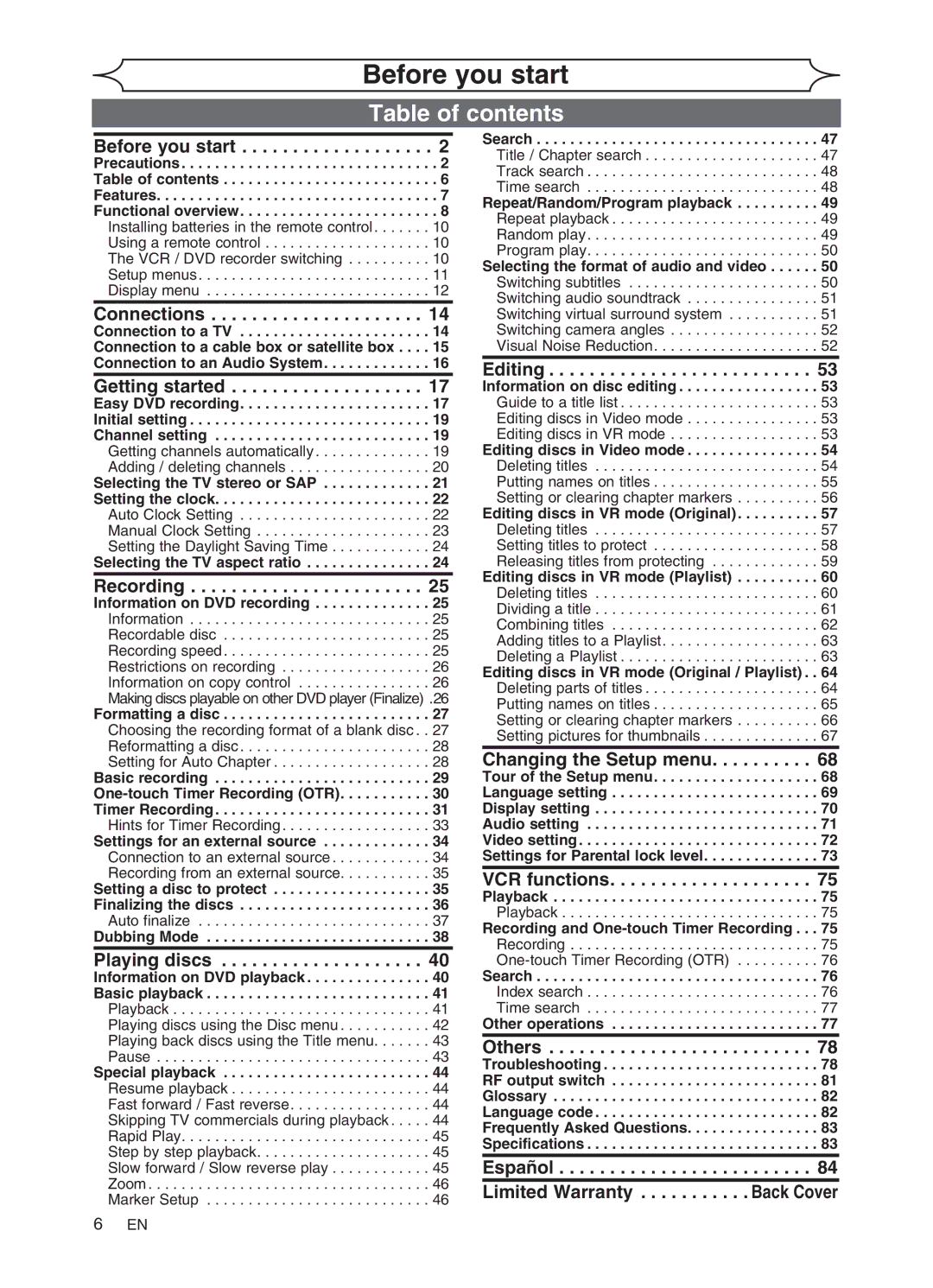 Sylvania DVR91VG manual Table of contents 