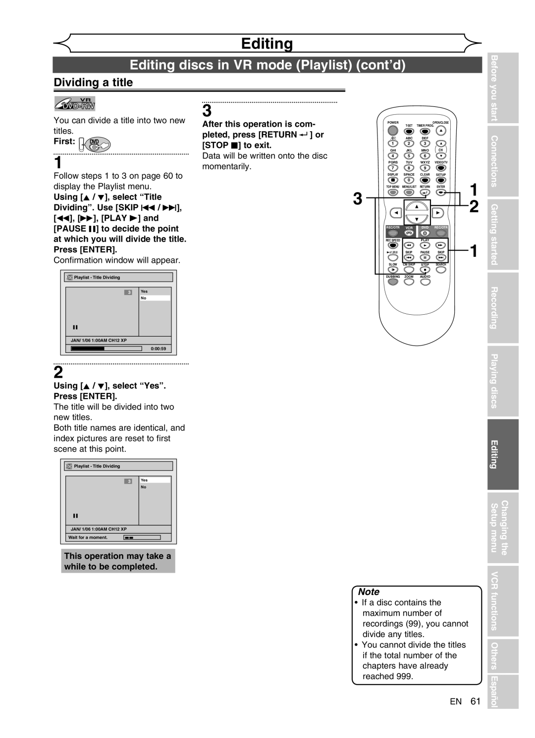 Sylvania DVR91VG manual Editing discs in VR mode Playlist cont’d, Dividing a title 