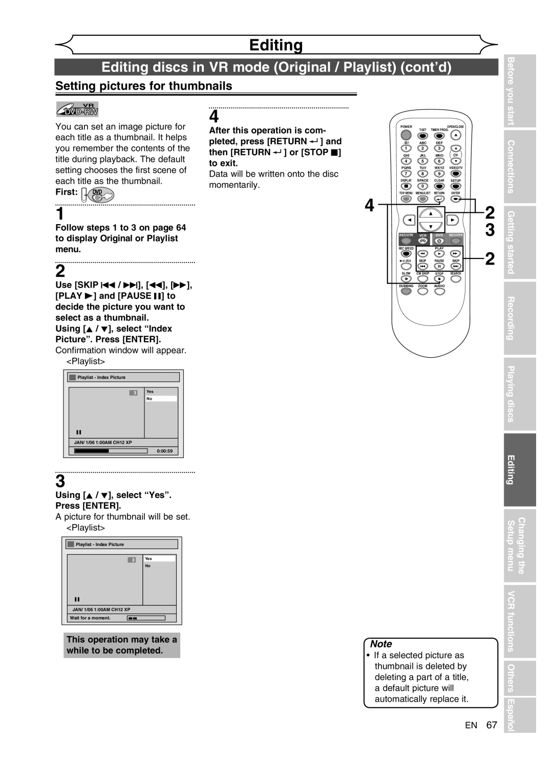 Sylvania DVR91VG Setting pictures for thumbnails, Recording Playing discs, Picture for thumbnail will be set. Playlist 