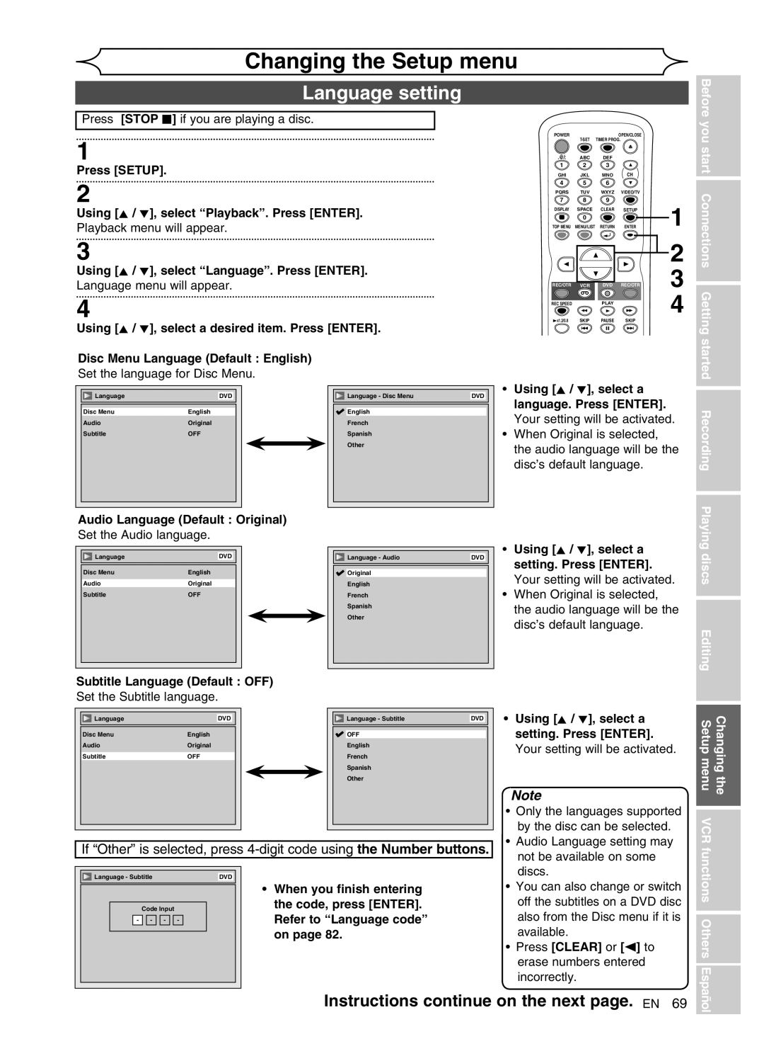 Sylvania DVR91VG manual Language setting 