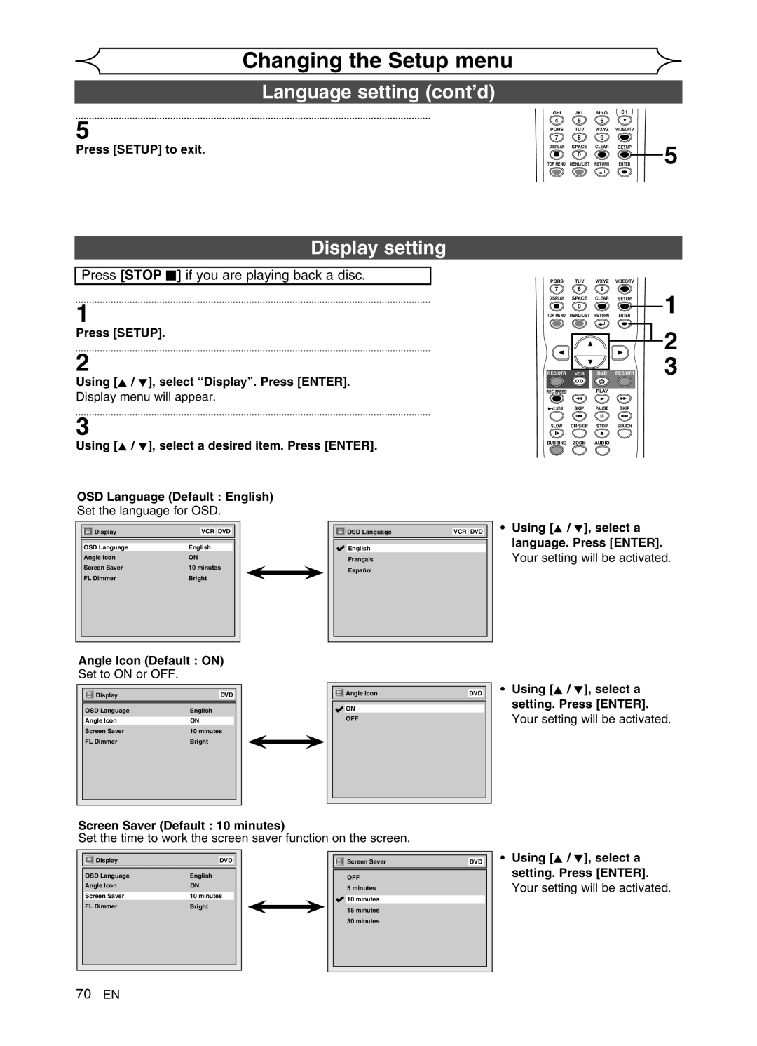 Sylvania DVR91VG manual Language setting cont’d, Display setting, Press Stop C if you are playing back a disc 