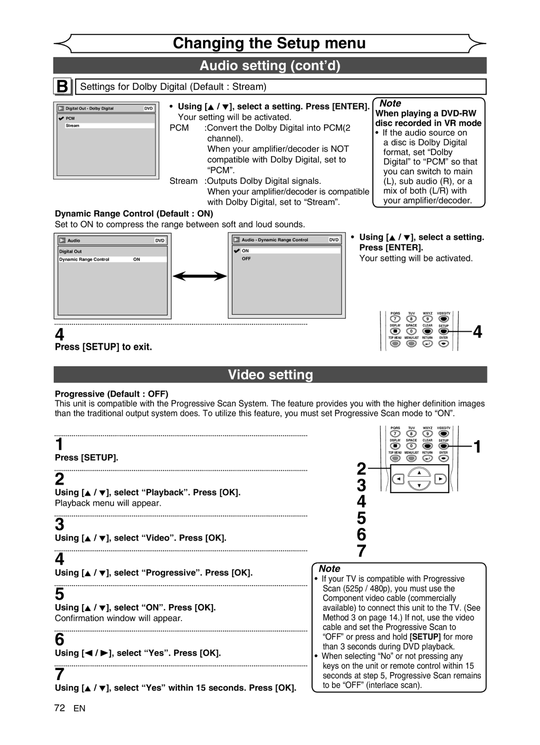 Sylvania DVR91VG manual Audio setting cont’d, Video setting, Settings for Dolby Digital Default Stream, Press Setup to exit 