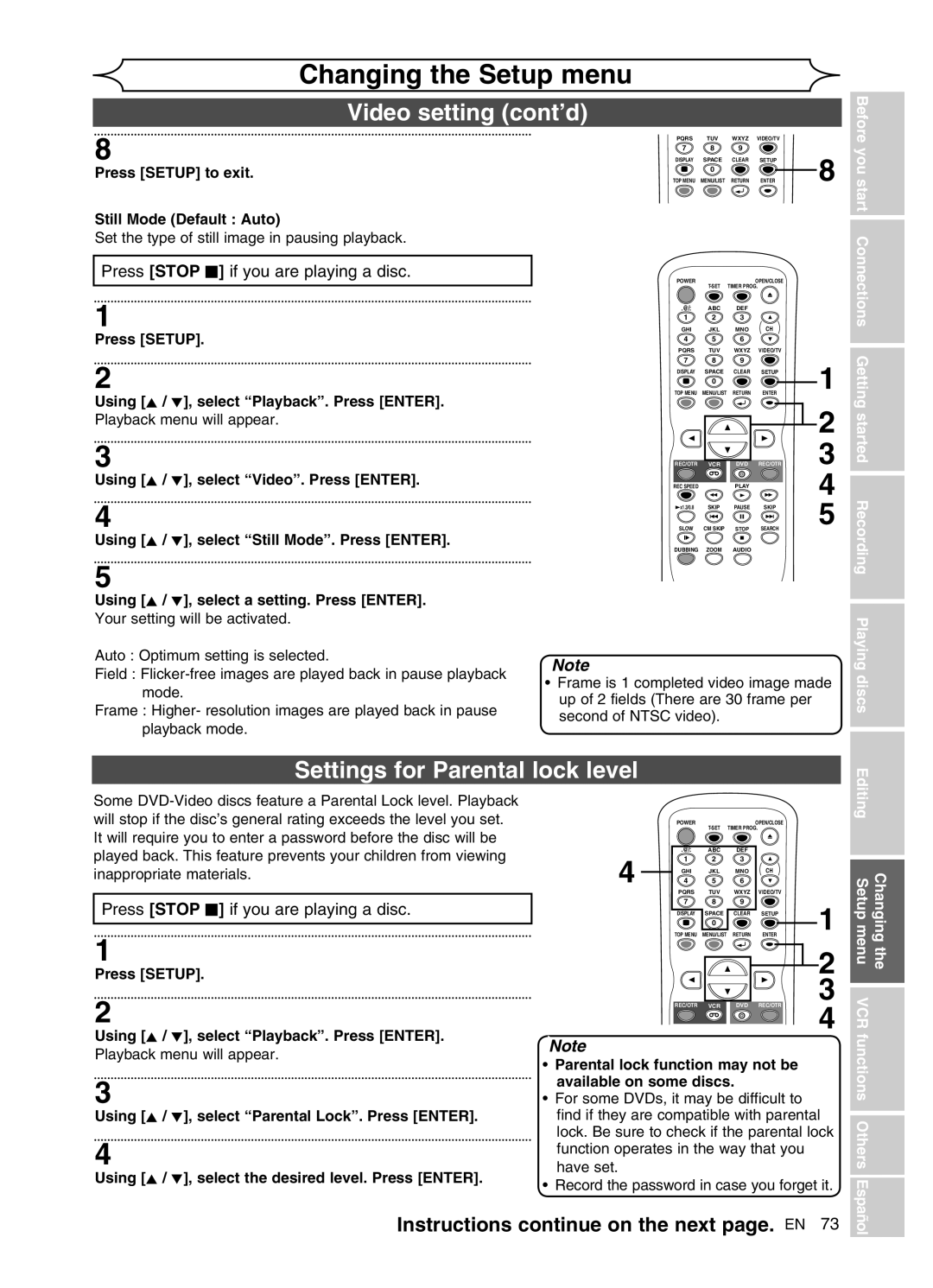 Sylvania DVR91VG manual Video setting cont’d, Settings for Parental lock level, Press Stop C if you are playing a disc 