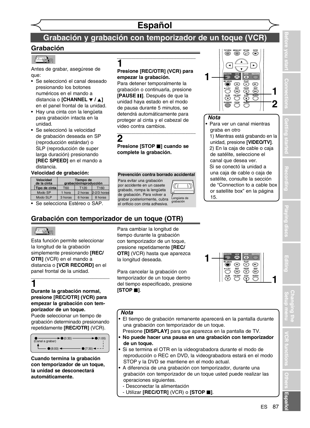 Sylvania DVR91VG manual Grabación con temporizador de un toque OTR, Stop C 