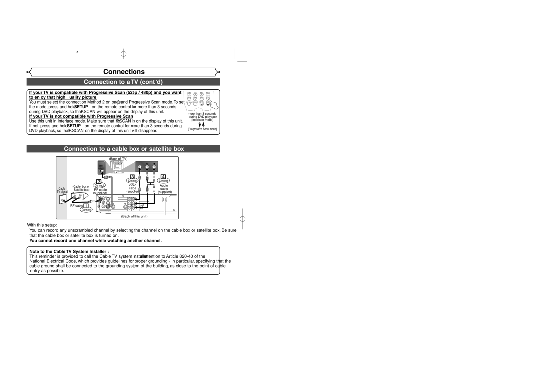 Sylvania DVR95DF owner manual Connection to a TV cont’d, Connection to a cable box or satellite box 