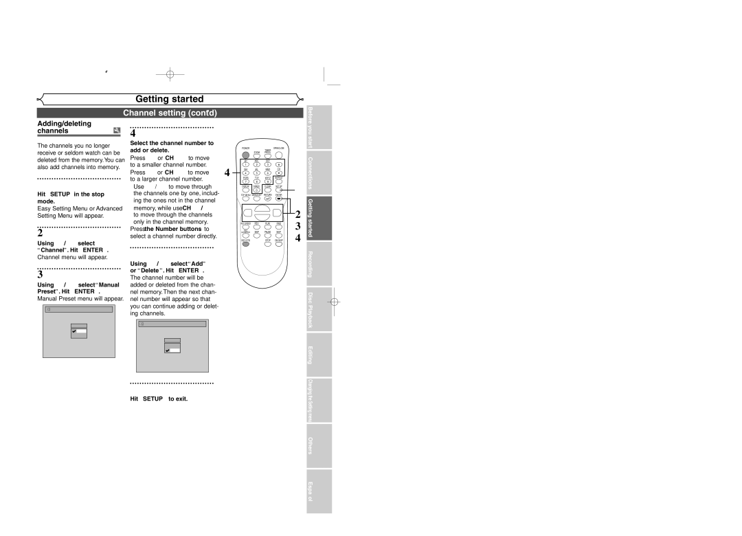 Sylvania DVR95DF owner manual Channel setting cont’d, Adding/deleting channels 