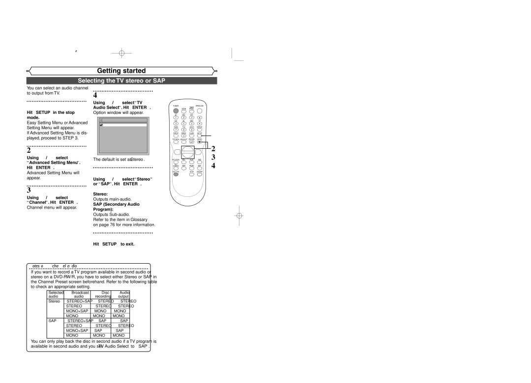 Sylvania DVR95DF owner manual Selecting the TV stereo or SAP 