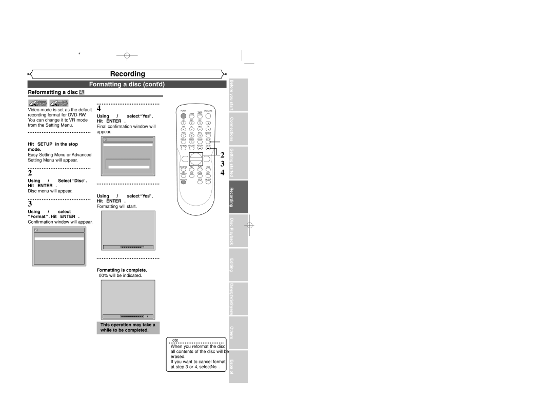 Sylvania DVR95DF owner manual Formatting a disc cont’d, Reformatting a disc 