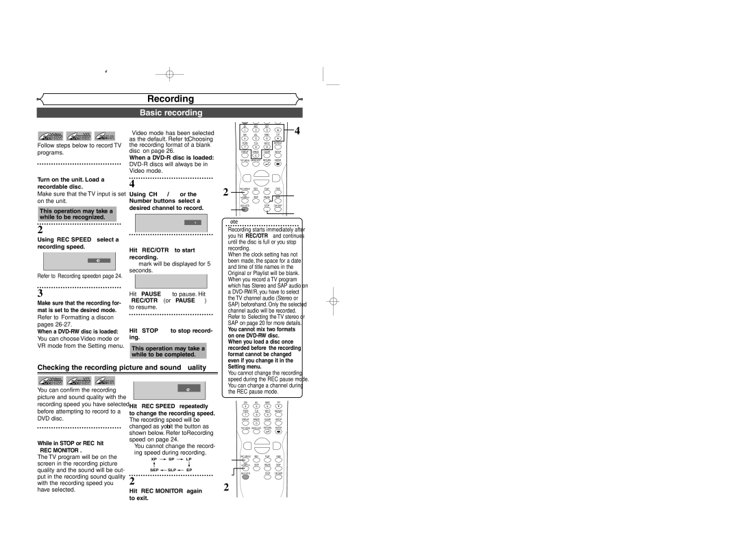 Sylvania DVR95DF owner manual Basic recording, Checking the recording picture and sound quality, REC Monitor 