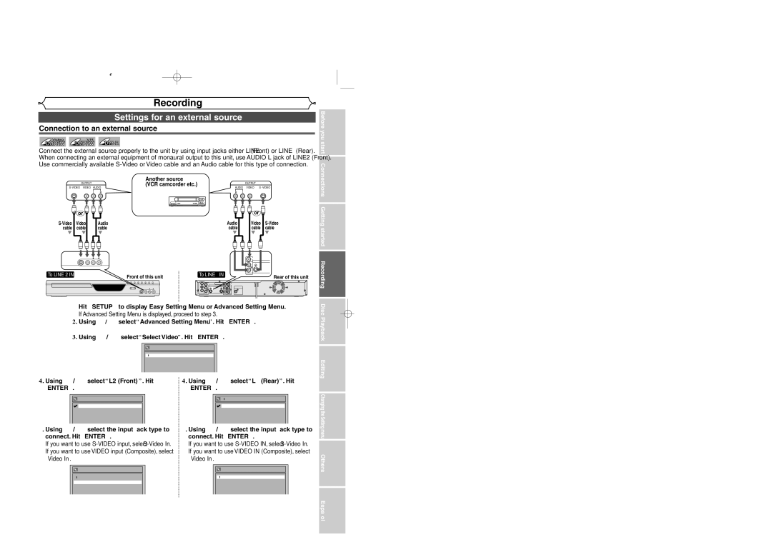 Sylvania DVR95DF owner manual Settings for an external source, Connection to an external source, Enter, Video 