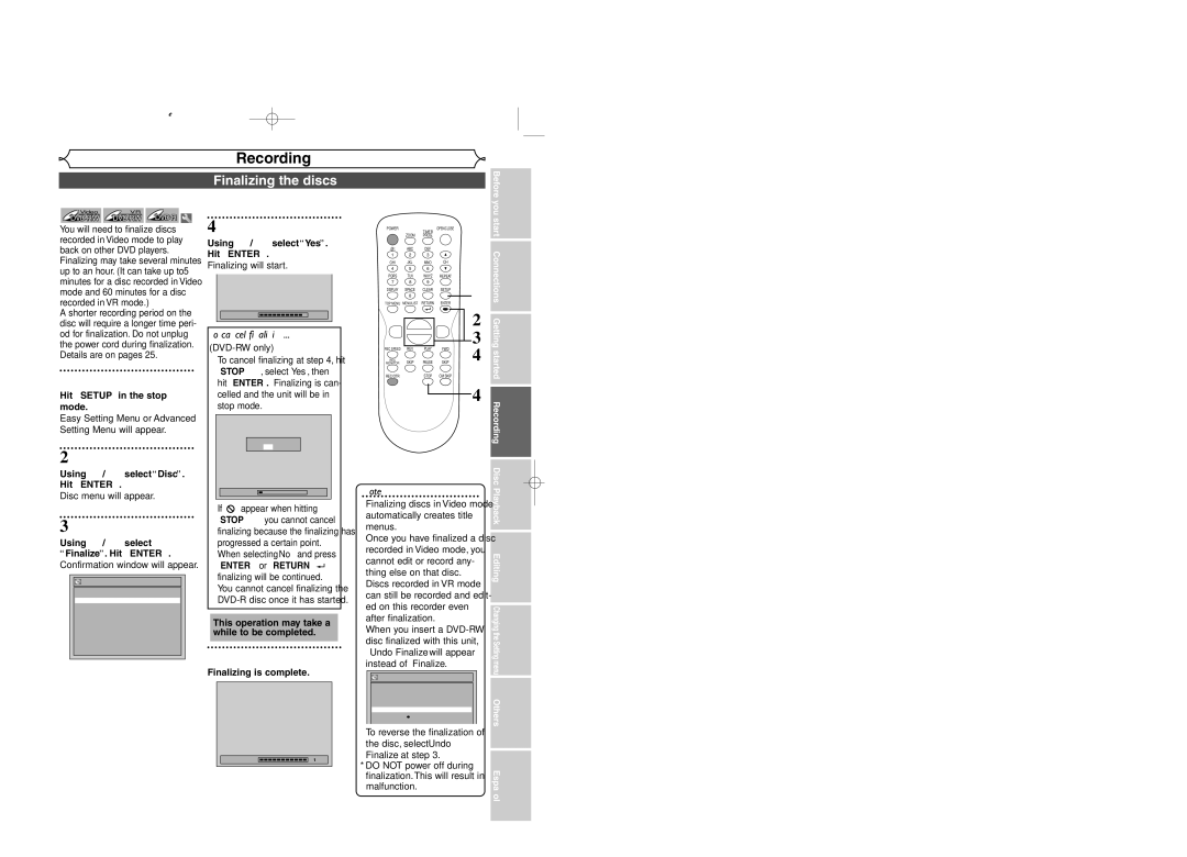 Sylvania DVR95DF owner manual Finalizing the discs 