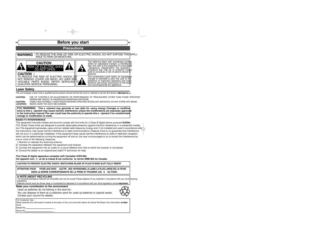 Sylvania DVR95DF owner manual Before you start, Precautions, Laser Safety, Make your contribution to the environment 