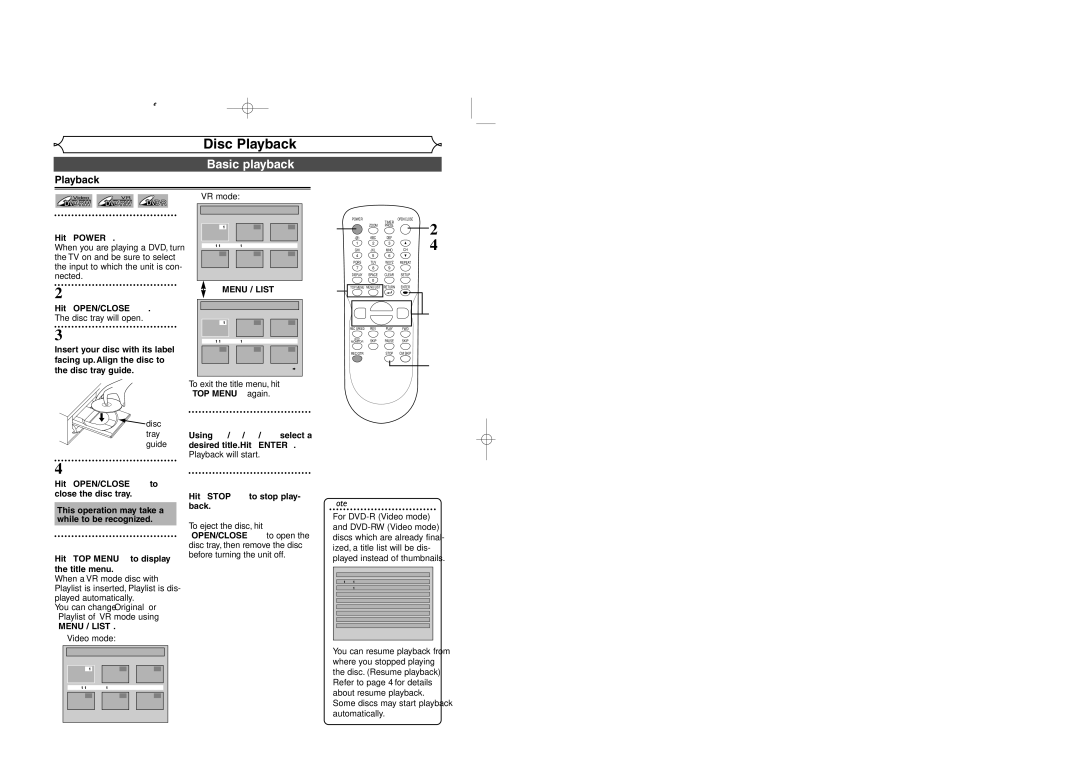 Sylvania DVR95DF owner manual Basic playback, Playback, Hit Stop C to stop play- back 