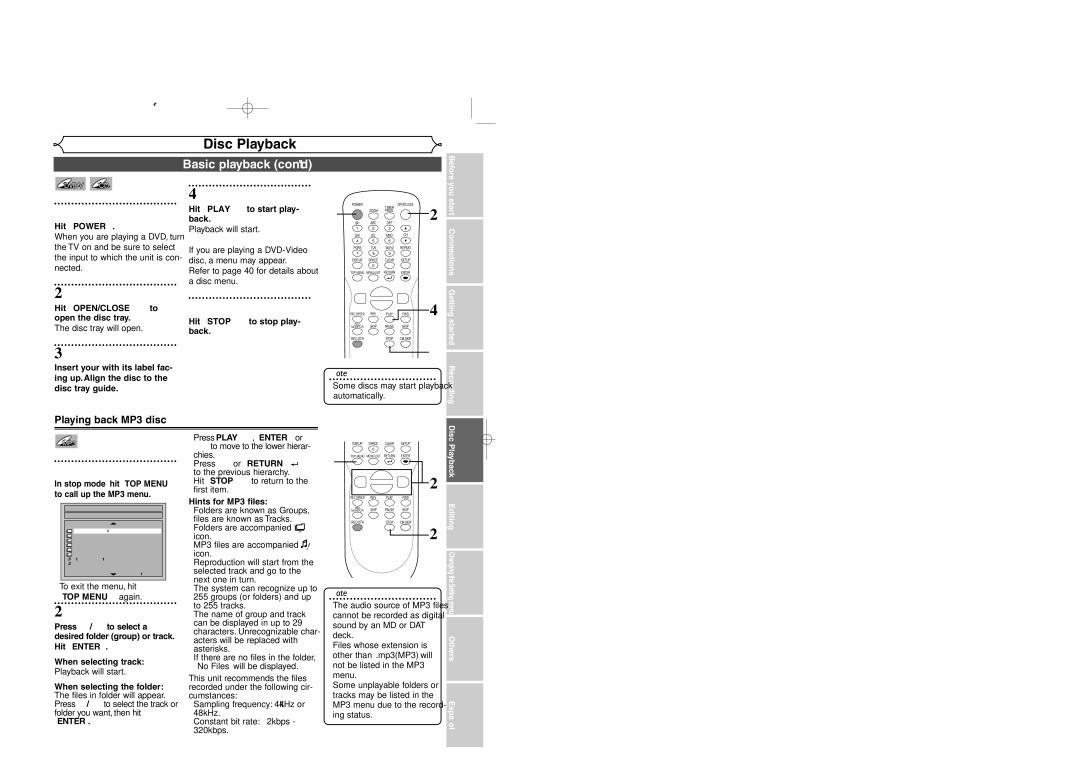 Sylvania DVR95DF owner manual Basic playback cont’d, Playing back MP3 disc 