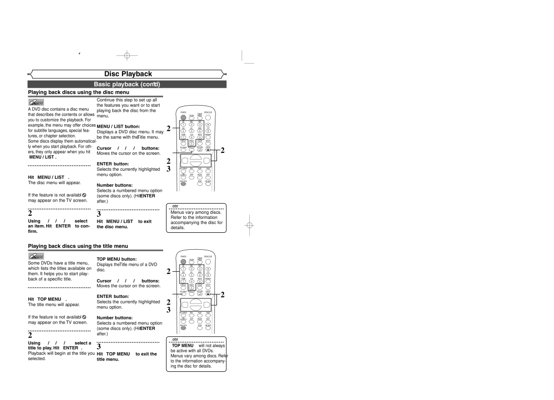 Sylvania DVR95DF owner manual Playing back discs using the disc menu, Playing back discs using the title menu 