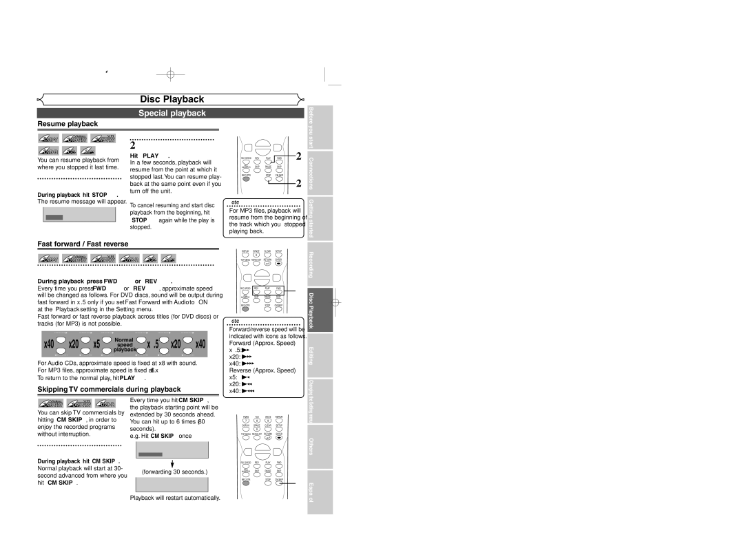 Sylvania DVR95DF owner manual Special playback, Resume playback, Fast forward / Fast reverse, X1.5 