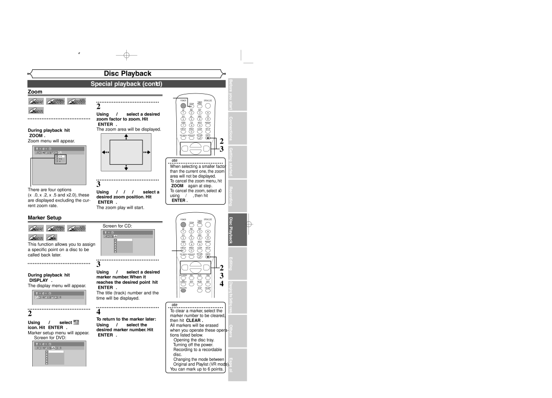 Sylvania DVR95DF owner manual Zoom, Marker Setup 