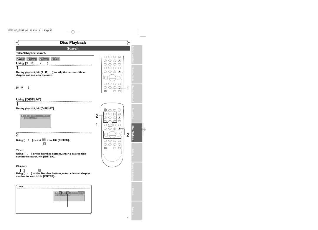 Sylvania DVR95DF owner manual Search, Title/Chapter search, Using Skip H / G, Using Display, Chapter Hit B to move to 