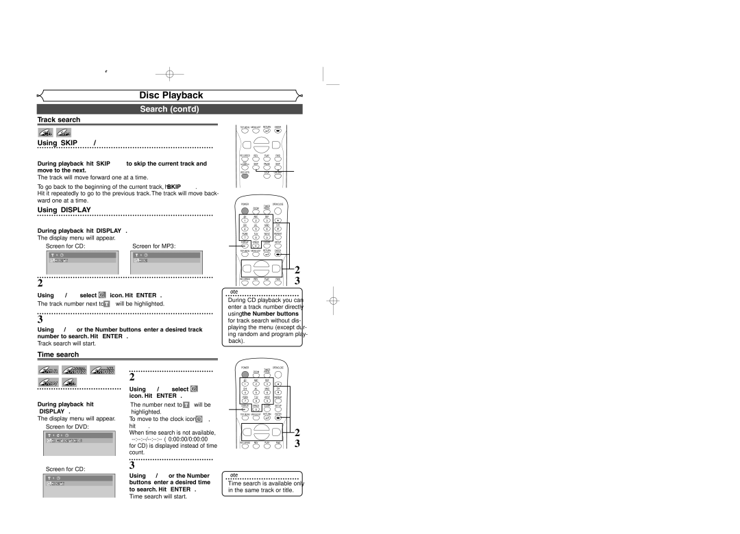 Sylvania DVR95DF owner manual Search cont’d, Track search, Time search 