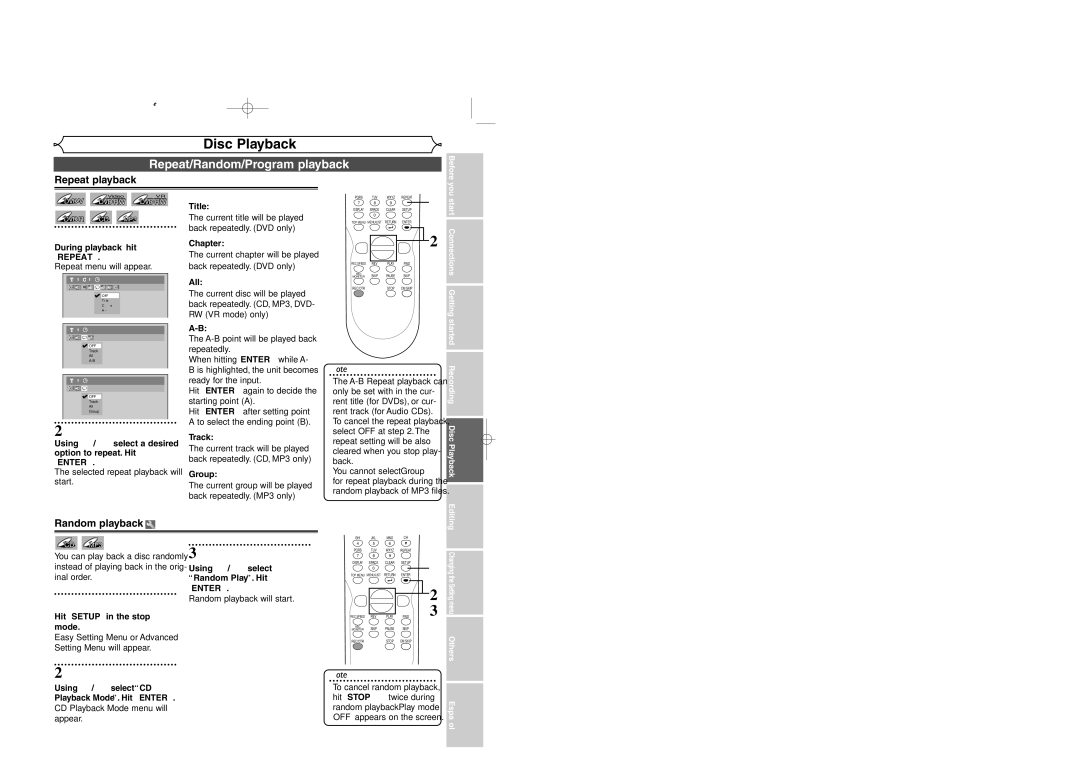 Sylvania DVR95DF owner manual Repeat/Random/Program playback, Repeat playback, Random playback 