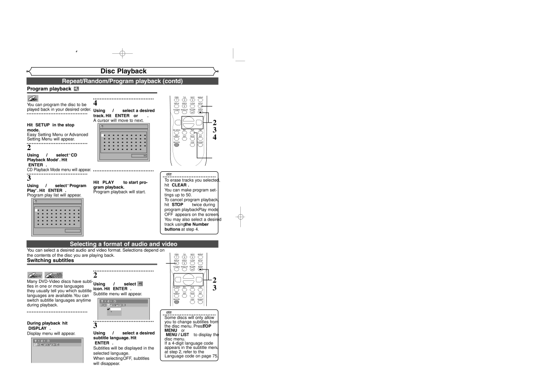 Sylvania DVR95DF Repeat/Random/Program playback cont’d, Selecting a format of audio and video, Switching subtitles 