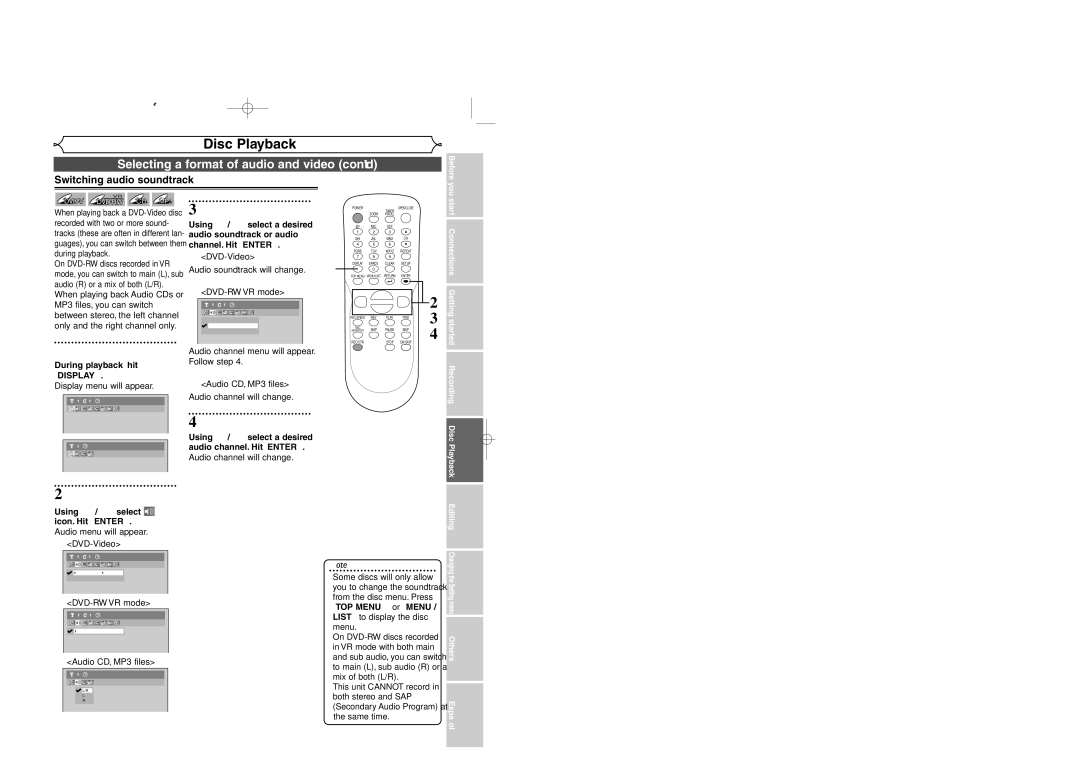 Sylvania DVR95DF owner manual Selecting a format of audio and video cont’d, Switching audio soundtrack 