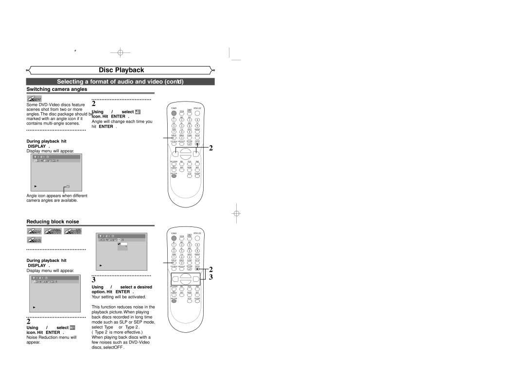 Sylvania DVR95DF Switching camera angles, Reducing block noise, Angle will change each time you, Option. Hit Enter 