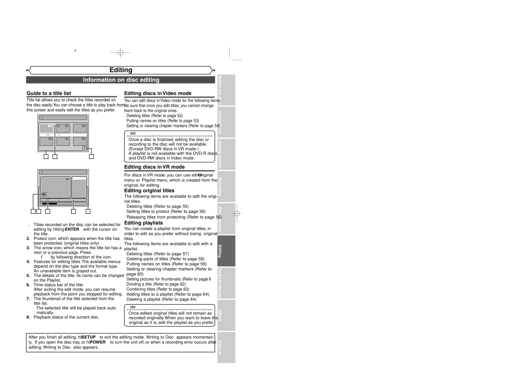 Sylvania DVR95DF owner manual Editing, Information on disc editing 