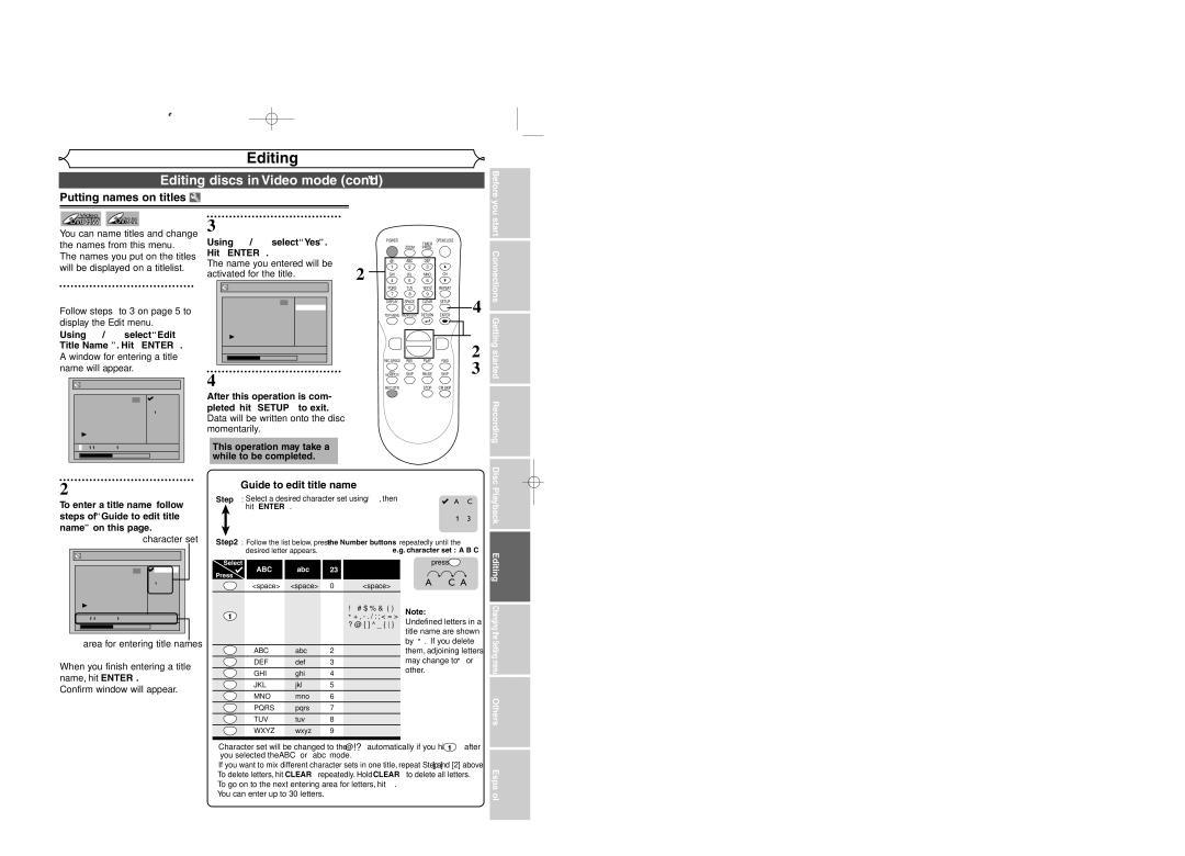 Sylvania DVR95DF owner manual Editing discs in Video mode cont’d, Putting names on titles 