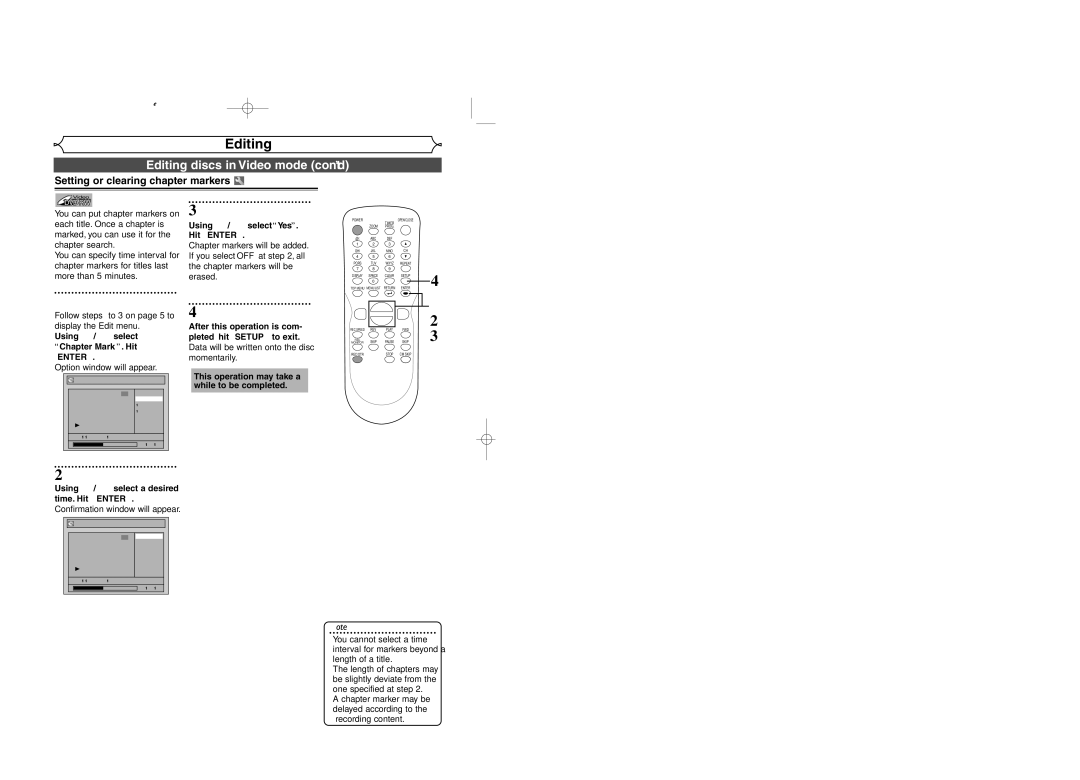 Sylvania DVR95DF owner manual Setting or clearing chapter markers, Using K / L, select Chapter Mark. Hit Enter 