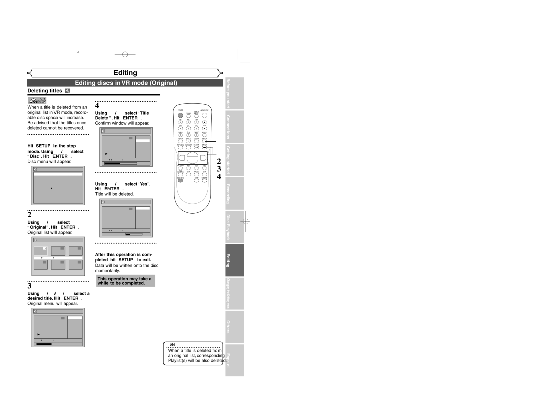 Sylvania DVR95DF owner manual Editing discs in VR mode Original 