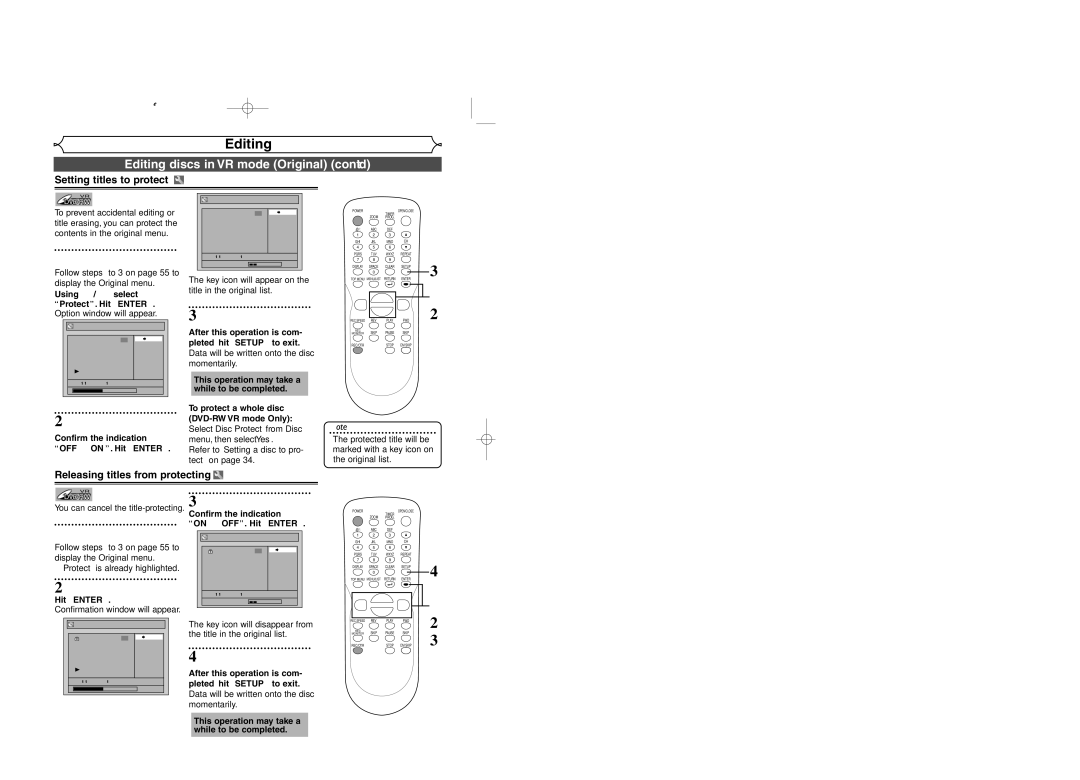 Sylvania DVR95DF Editing discs in VR mode Original cont’d, Setting titles to protect, Releasing titles from protecting 