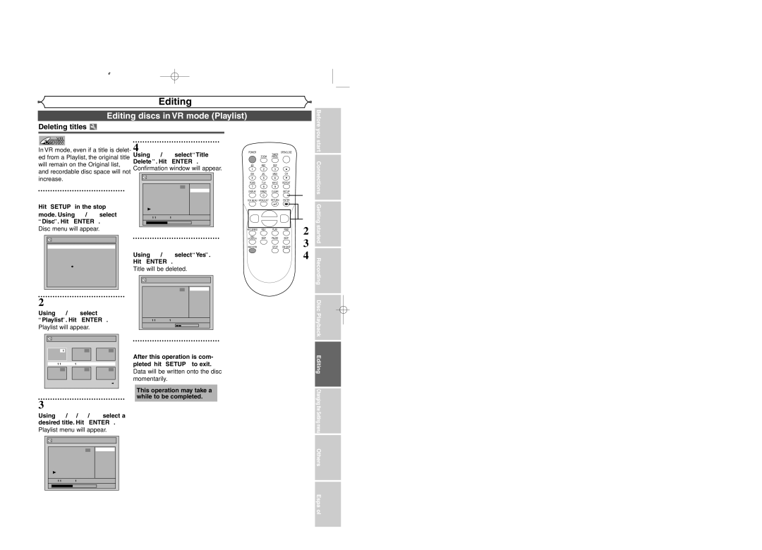 Sylvania DVR95DF Editing discs in VR mode Playlist, Using K / L, select Playlist. Hit Enter, Playlist will appear 