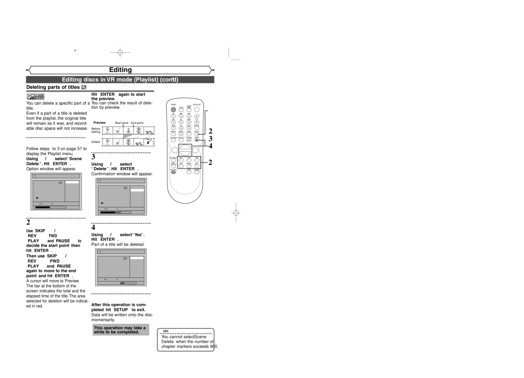 Sylvania DVR95DF Editing discs in VR mode Playlist cont’d, Deleting parts of titles, Hit Enter again to start the preview 