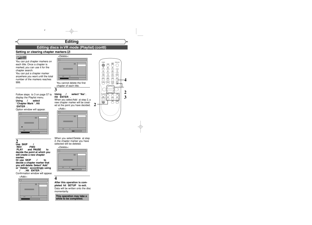 Sylvania DVR95DF owner manual You cannot delete the first chapter of each title, When you select Add at , a 