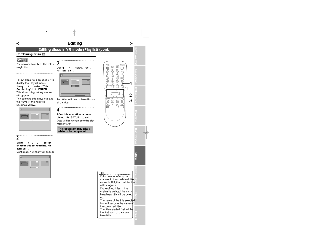 Sylvania DVR95DF Combining titles, Using K / L, select Title Combining. Hit Enter, Using s / B, select Yes Hit Enter 