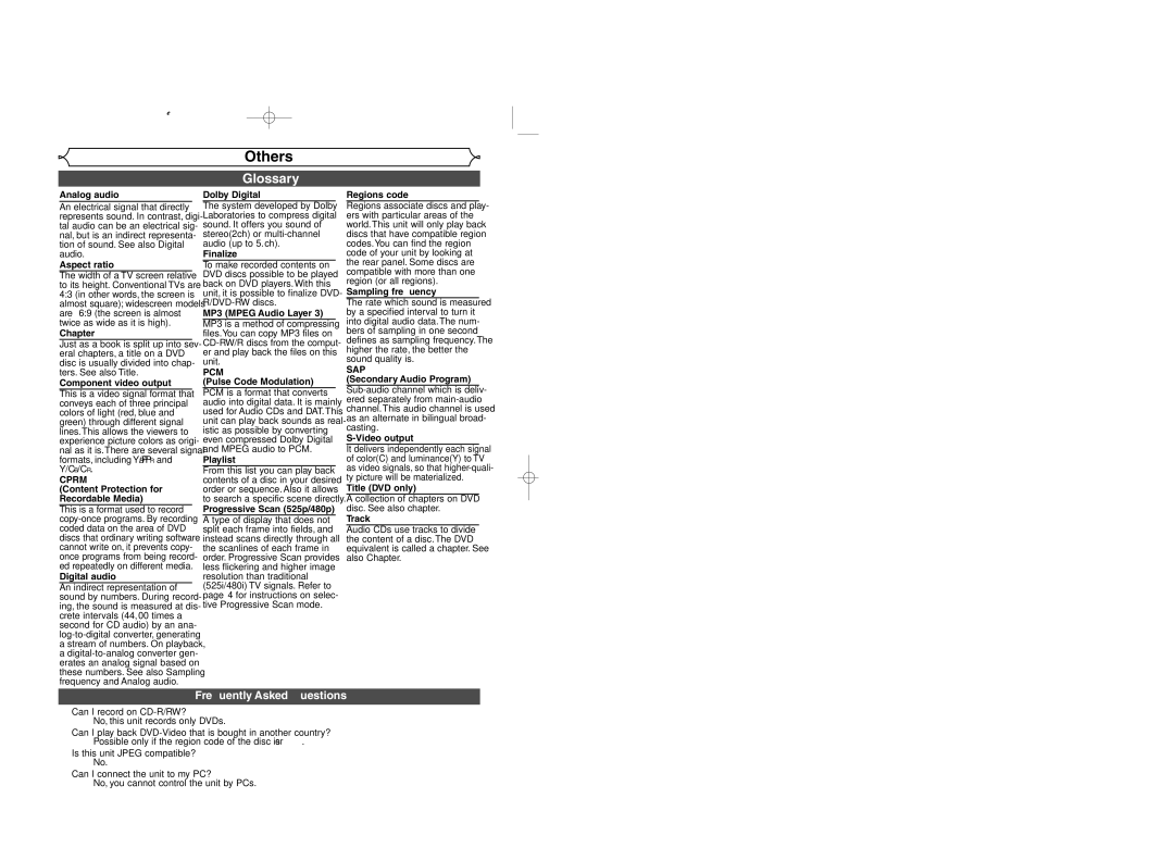 Sylvania DVR95DF owner manual Glossary, Cprm, Pcm, Sap 