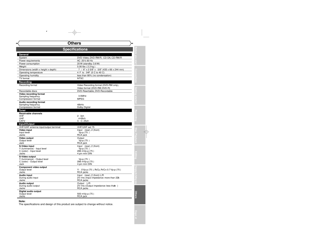 Sylvania DVR95DF owner manual Specifications, General 