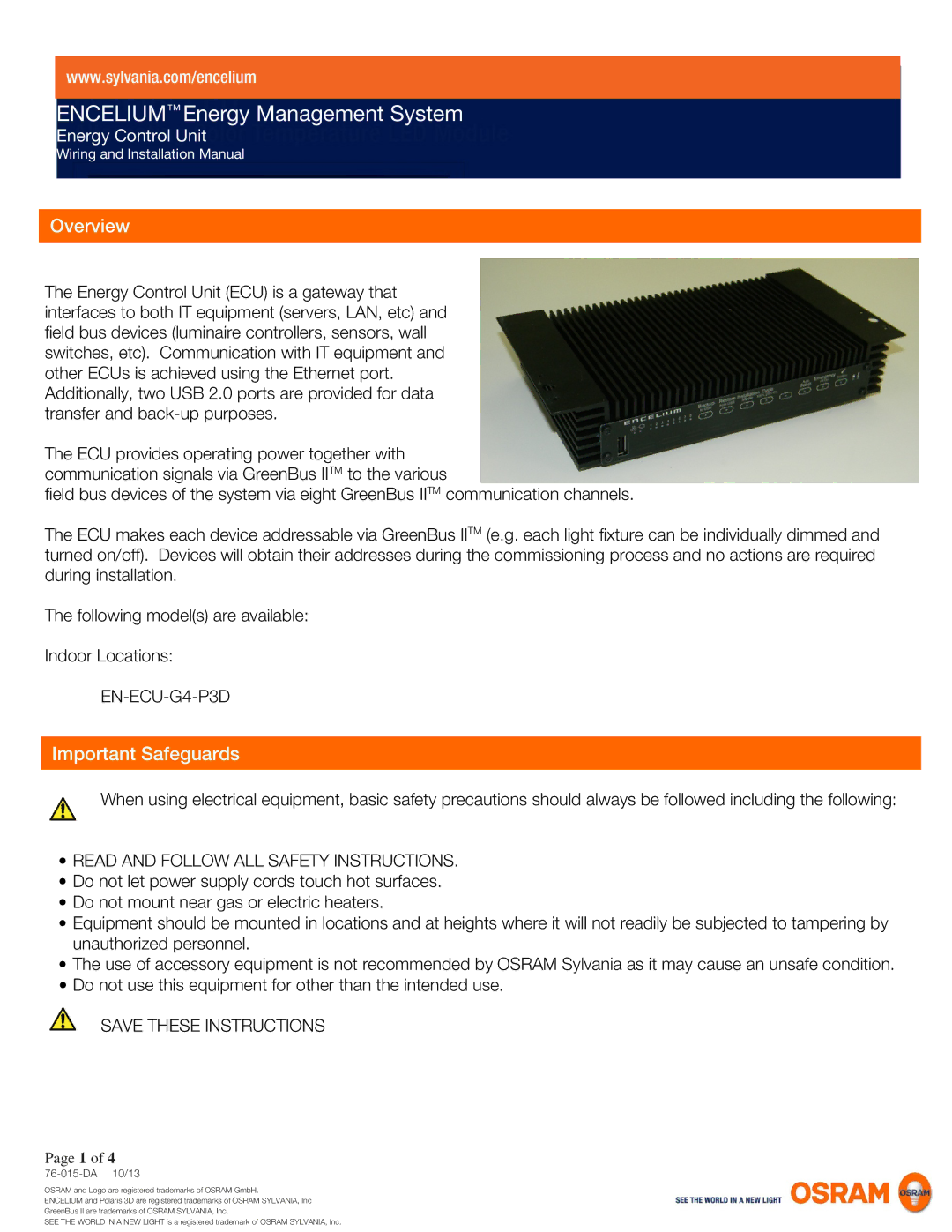 Sylvania EN-ECU-G4-P3D installation manual Overview, Important Safeguards 