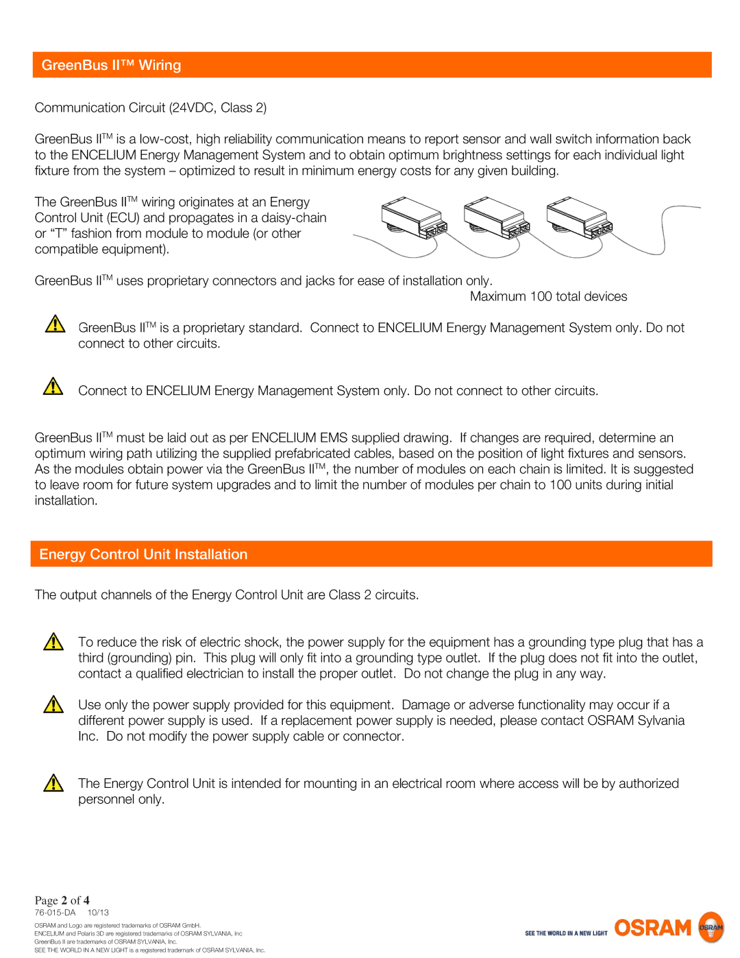 Sylvania EN-ECU-G4-P3D installation manual GreenBus II Wiring, Energy Control Unit Installation 