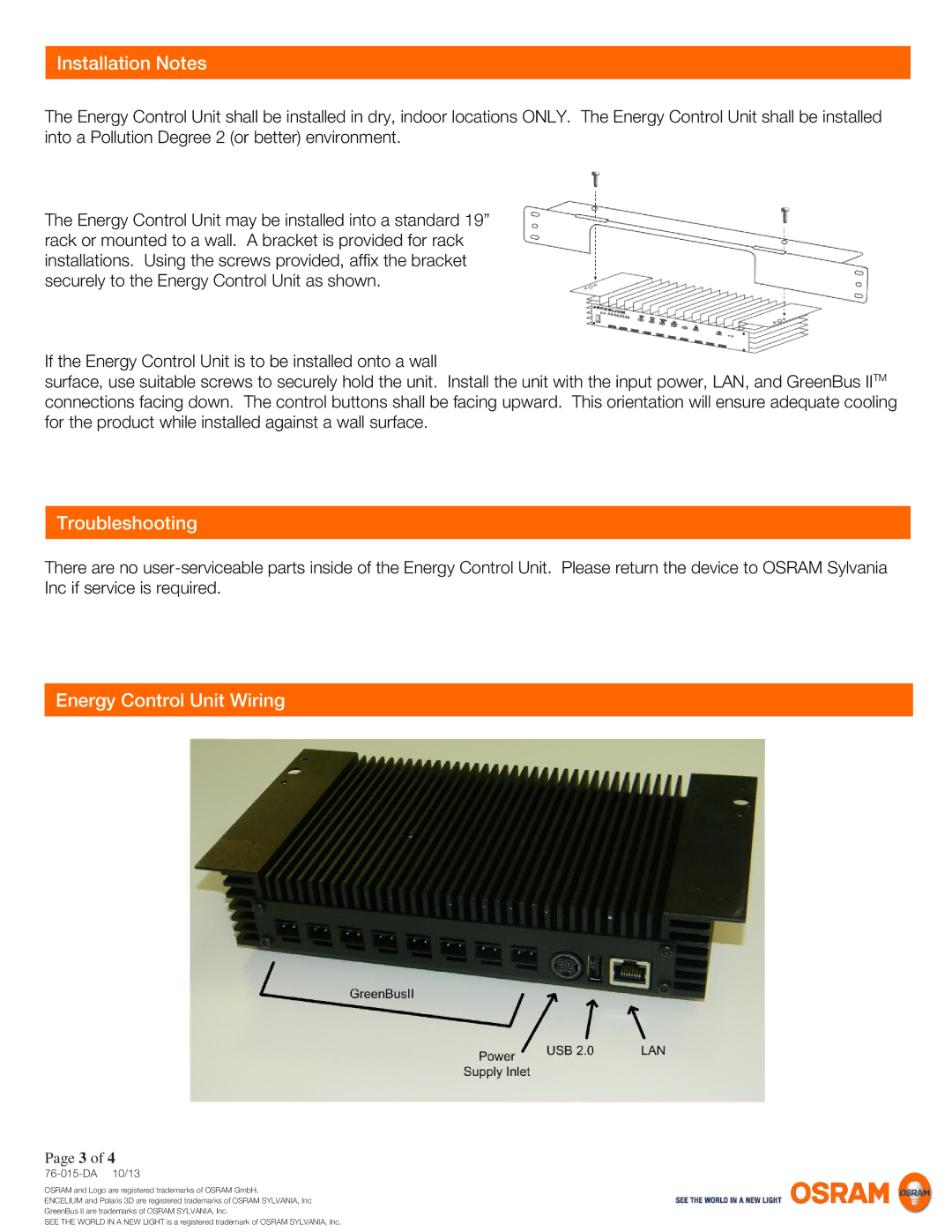 Sylvania EN-ECU-G4-P3D installation manual Installation Notes, Troubleshooting, Energy Control Unit Wiring 