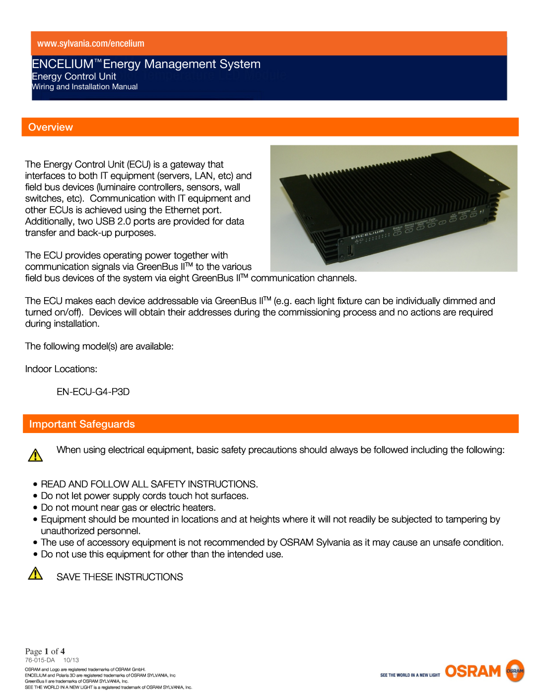 Sylvania EN-ECU-G4-P3D installation manual Overview, Important Safeguards, ENCELIUM Energy Management System 