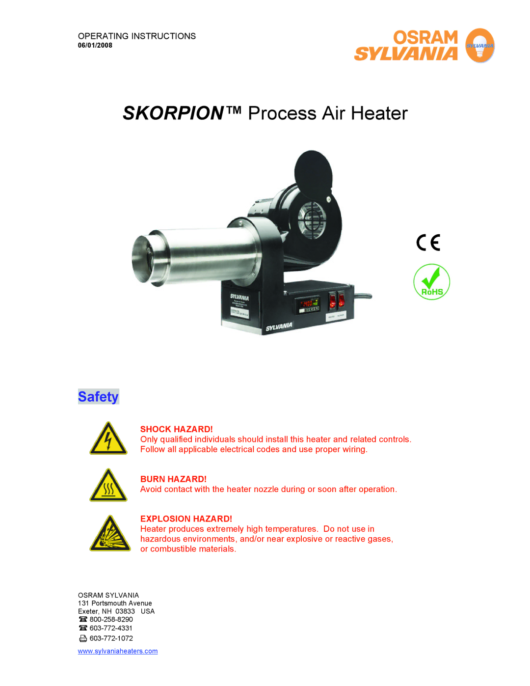 Sylvania F076008, F075615, F075869, F076029, F075616, F075835 operating instructions Skorpion Process Air Heater 