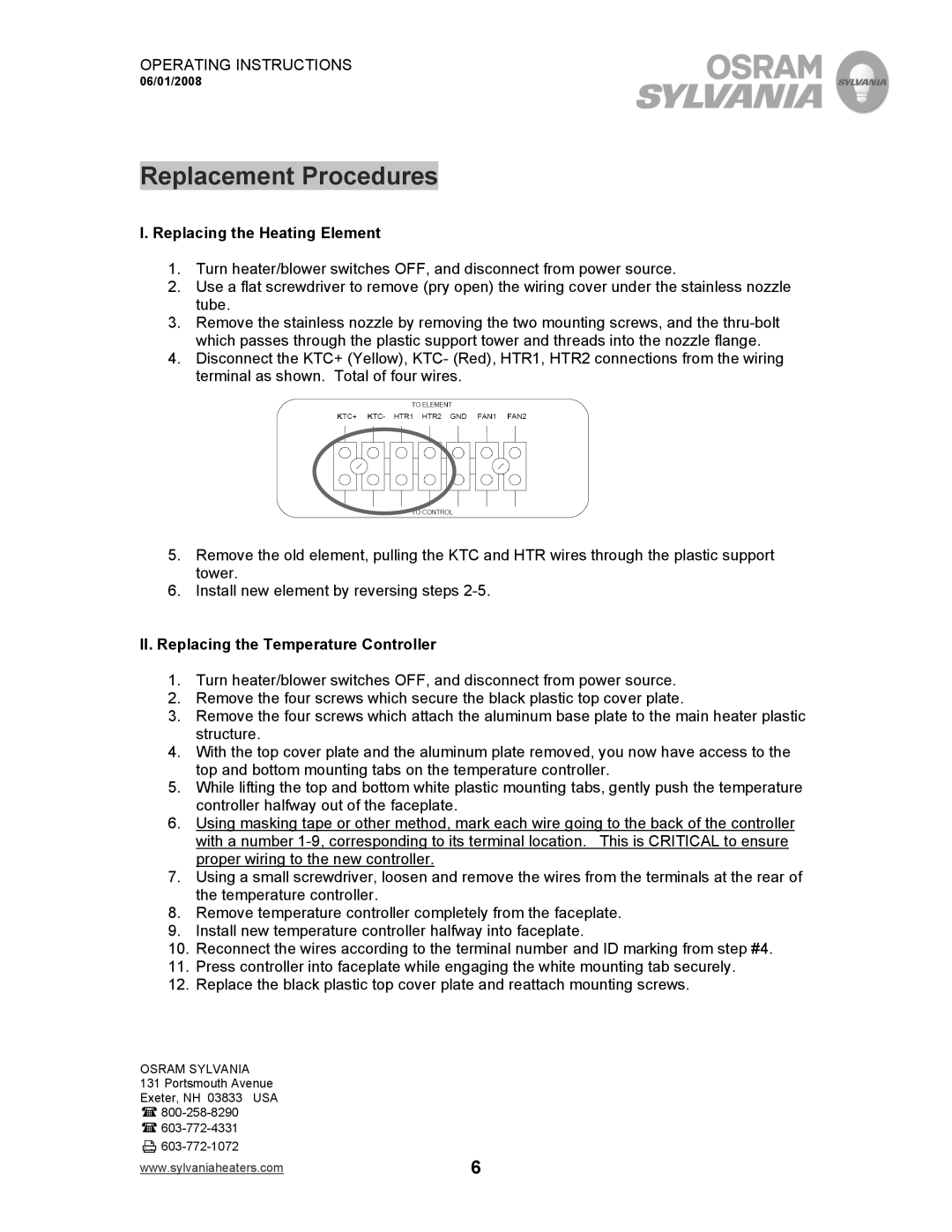 Sylvania F076008, F075615 Replacement Procedures, Replacing the Heating Element, II. Replacing the Temperature Controller 