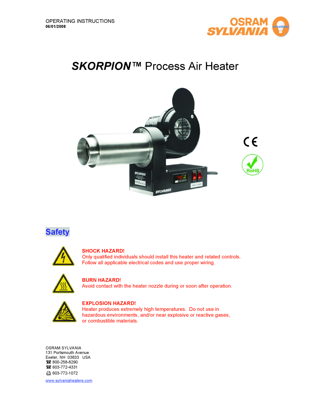 Sylvania F076008 operating instructions SKORPION Process Air Heater, Safety, Shock Hazard, Burn Hazard, Explosion Hazard 