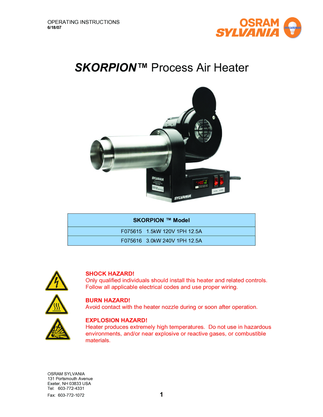 Sylvania F075615 operating instructions Skorpion Process Air Heater 