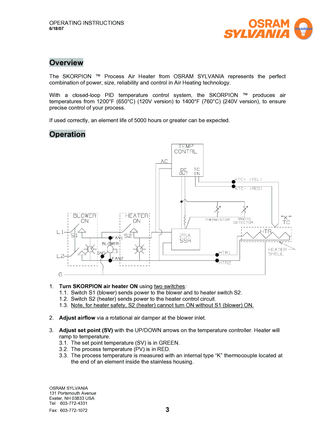 Sylvania F075615 operating instructions Overview, Operation, Turn Skorpion air heater on using two switches 