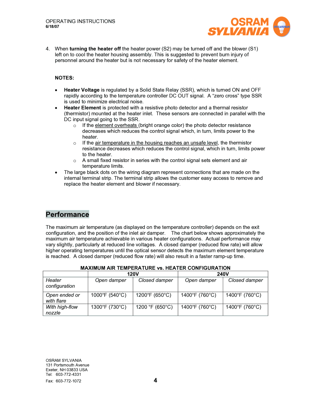 Sylvania F075615 operating instructions Performance, Maximum AIR Temperature vs. Heater Configuration 