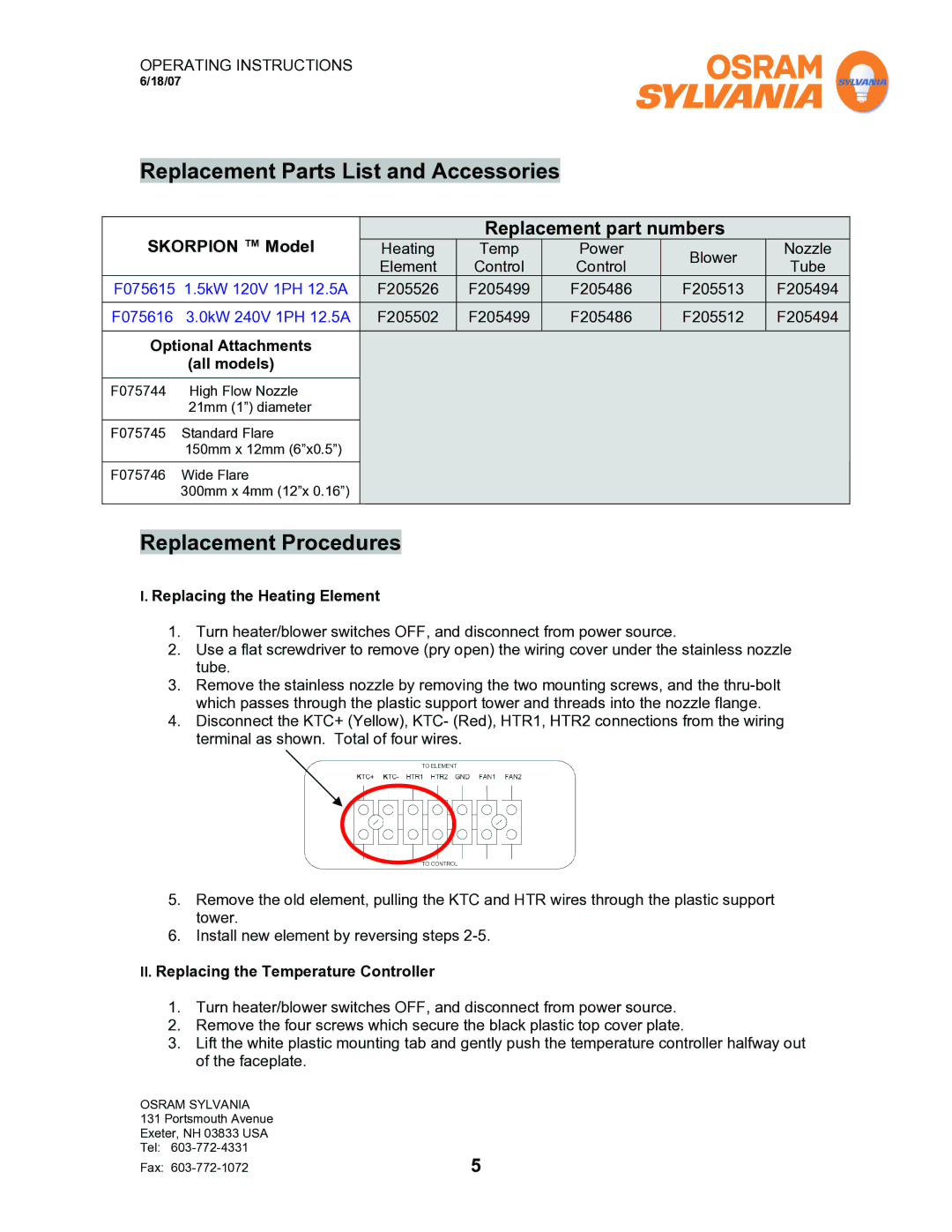 Sylvania F075615 Replacement Parts List and Accessories, Replacement Procedures, Optional Attachments All models 