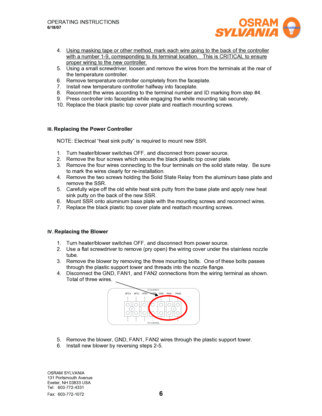 Sylvania F075615 operating instructions III. Replacing the Power Controller, IV. Replacing the Blower 